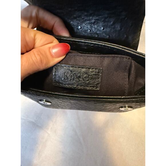 MANGO MNG Ostrich Embossed Mini Satchel Black Faux Leather Crossbody Chain - Picture 4 of 10
